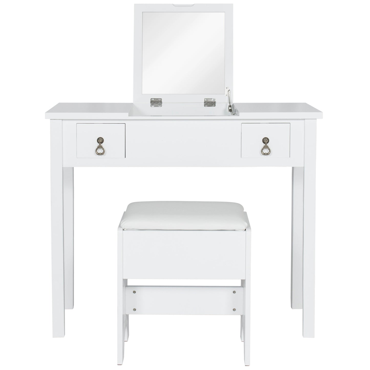 Bathroom Vanity Table Set w/ Square Mirror, Stool