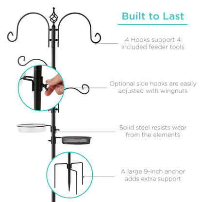 4-Hook Bird Feeding Station, Steel Feeder Stand w/ 2 Bird Feeders - 91in