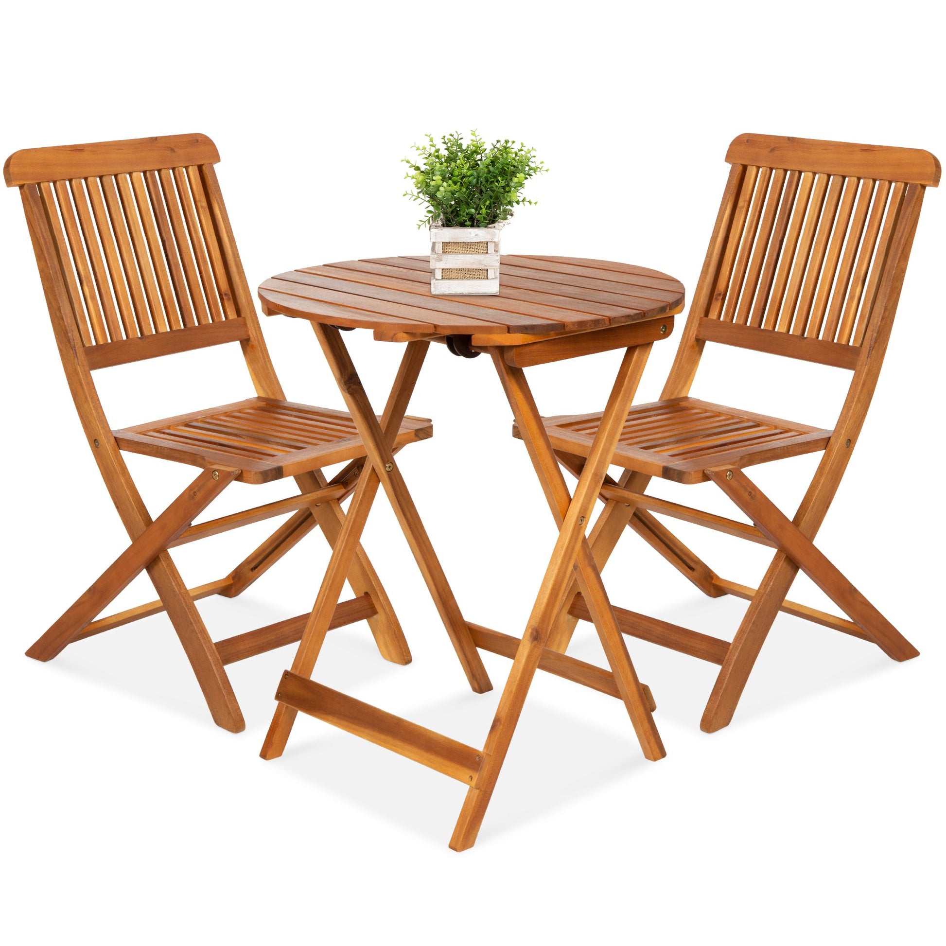 3-Piece Acacia Wood Bistro Set w/ Folding Table, 2 Chairs