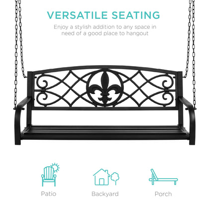 2-Person Outdoor Metal Hanging Swing Bench w/ Fleur-de-Lis Accents