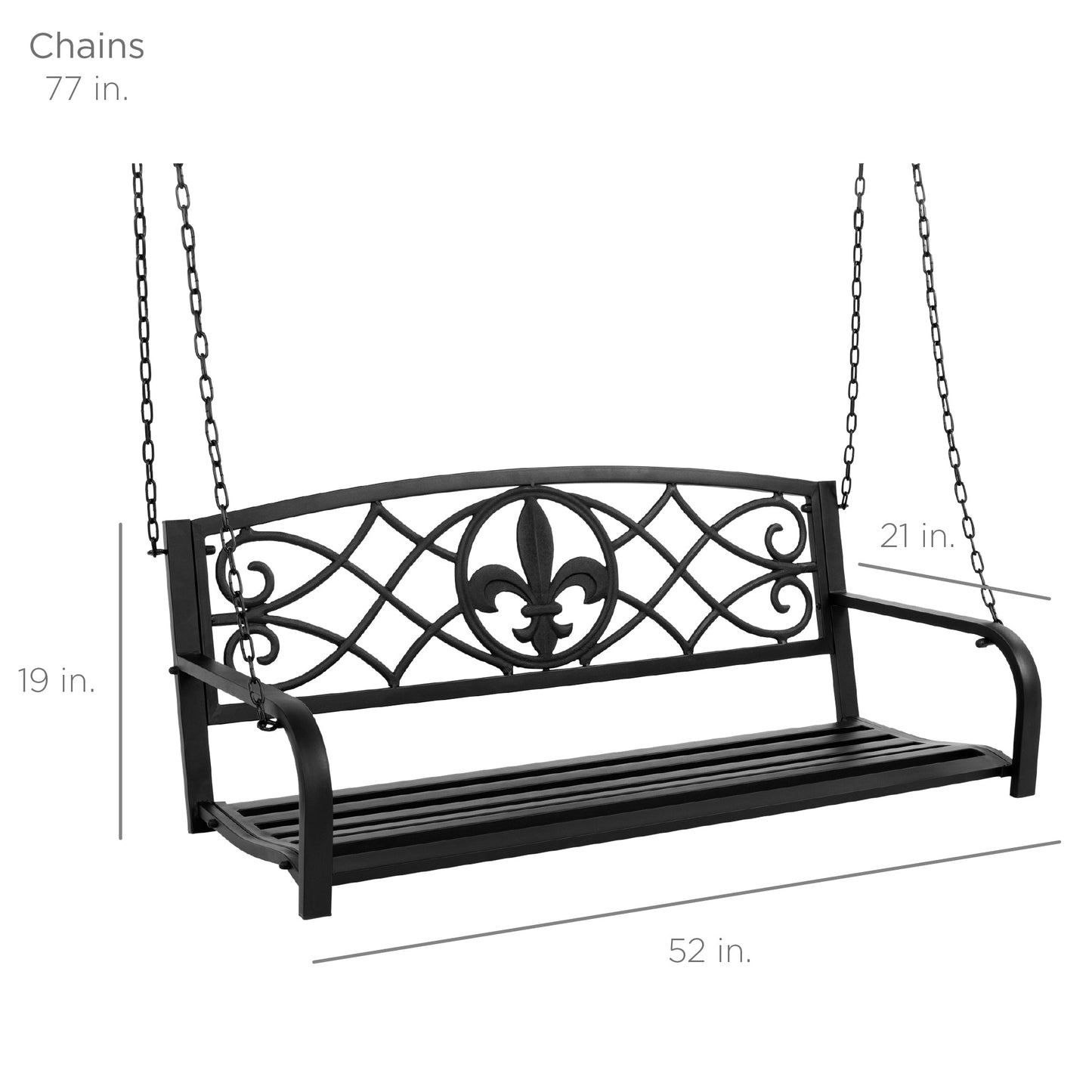 2-Person Outdoor Metal Hanging Swing Bench w/ Fleur-de-Lis Accents