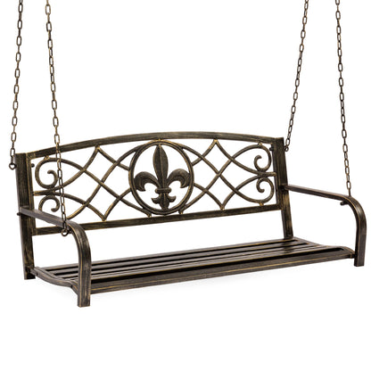 2-Person Outdoor Metal Hanging Swing Bench w/ Fleur-de-Lis Accents