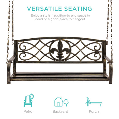 2-Person Outdoor Metal Hanging Swing Bench w/ Fleur-de-Lis Accents