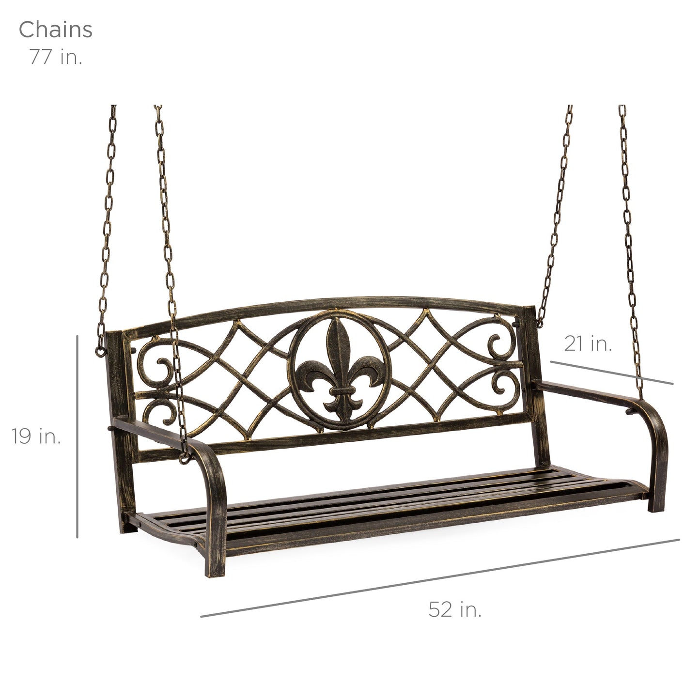 2-Person Outdoor Metal Hanging Swing Bench w/ Fleur-de-Lis Accents