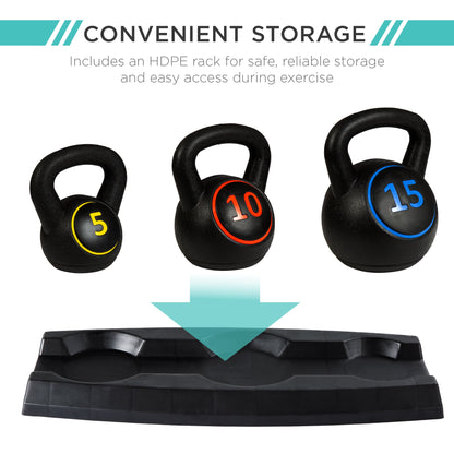 3-Piece Kettlebell Exercise Fitness Weight Set w/ Storage Rack