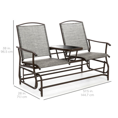 2-Person Outdoor Mesh Double Glider w/ Tempered Glass Attached Table