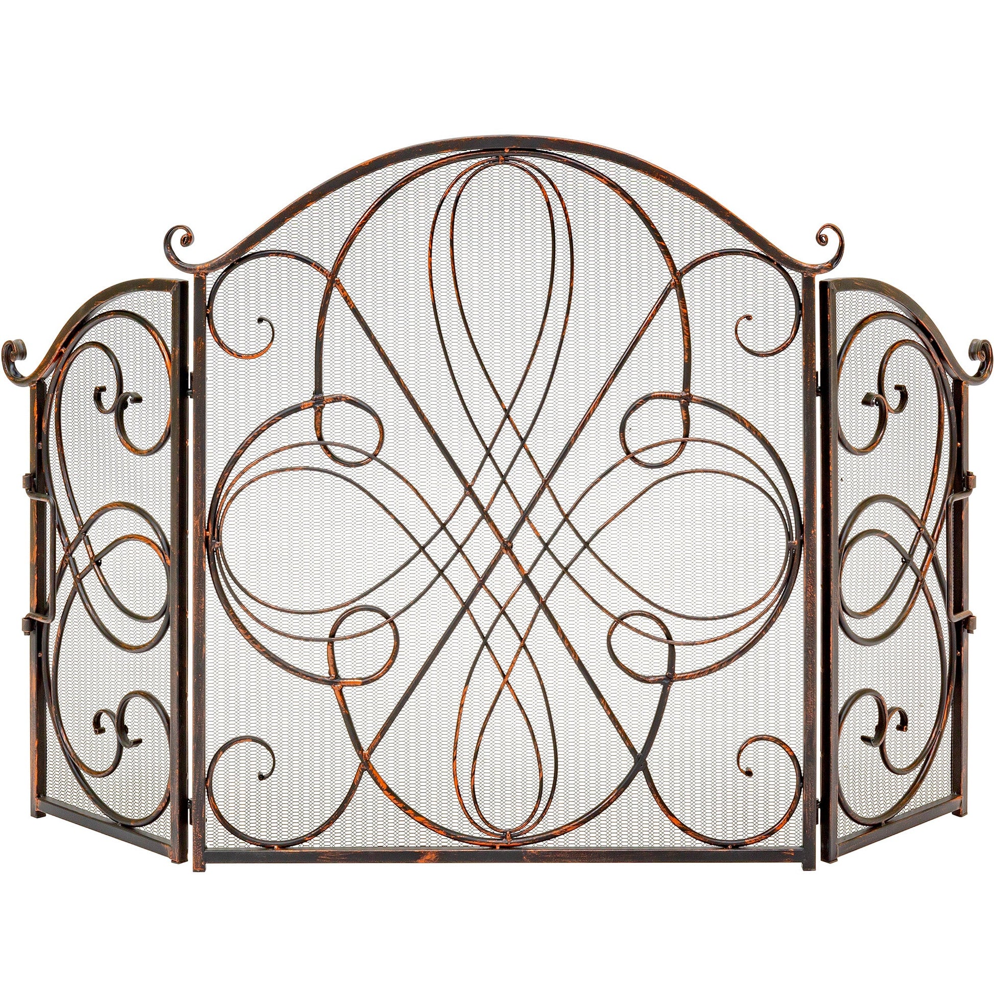 3-Panel Wrought Iron Metal Fireplace Screen Cover w/ Scroll Design - 55x33in