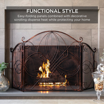 3-Panel Wrought Iron Metal Fireplace Screen Cover w/ Scroll Design - 55x33in