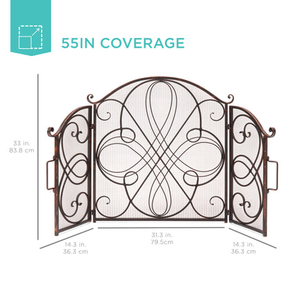 3-Panel Wrought Iron Metal Fireplace Screen Cover w/ Scroll Design - 55x33in