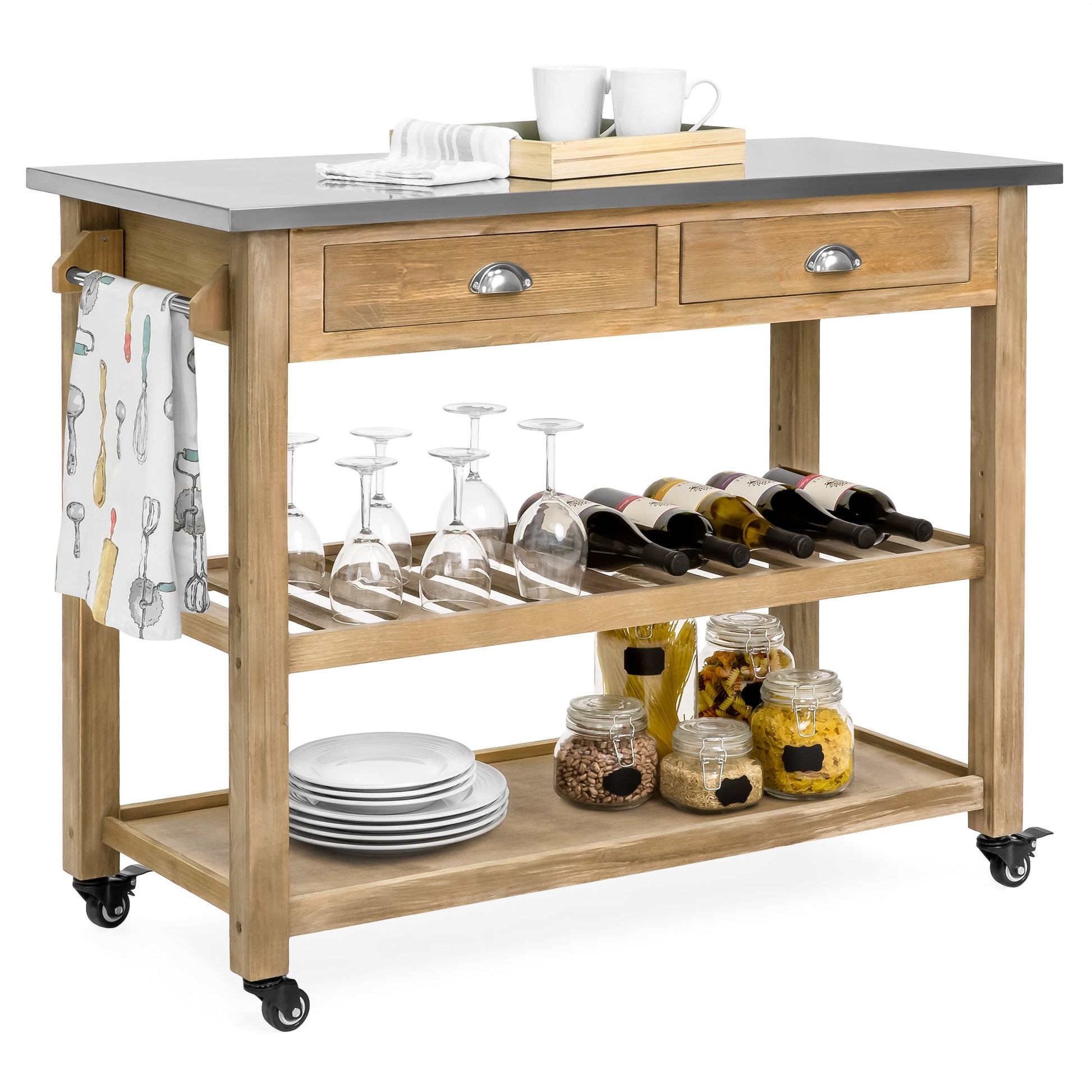 Kitchen Island Storage & Bar Cart w/ Stainless Steel Top - Rustic Wood