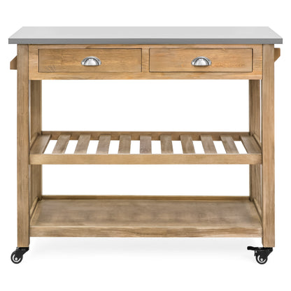 Kitchen Island Storage & Bar Cart w/ Stainless Steel Top - Rustic Wood