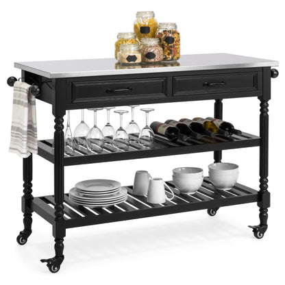 Kitchen Island Storage & Bar Cart w/ Stainless Steel Top