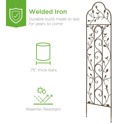 Iron Arched Garden Trellis Fence Panel w/ Branches, Birds - 60x15in