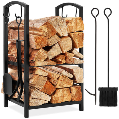 5-Piece Firewood Log Rack Holder Tools Set w/ Hook, Broom, Shovel, Tongs