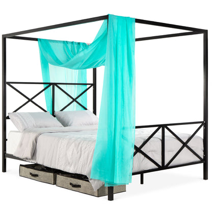 4-Post Queen Size Modern Metal Canopy Bed Frame w/ Headboard, Footboard