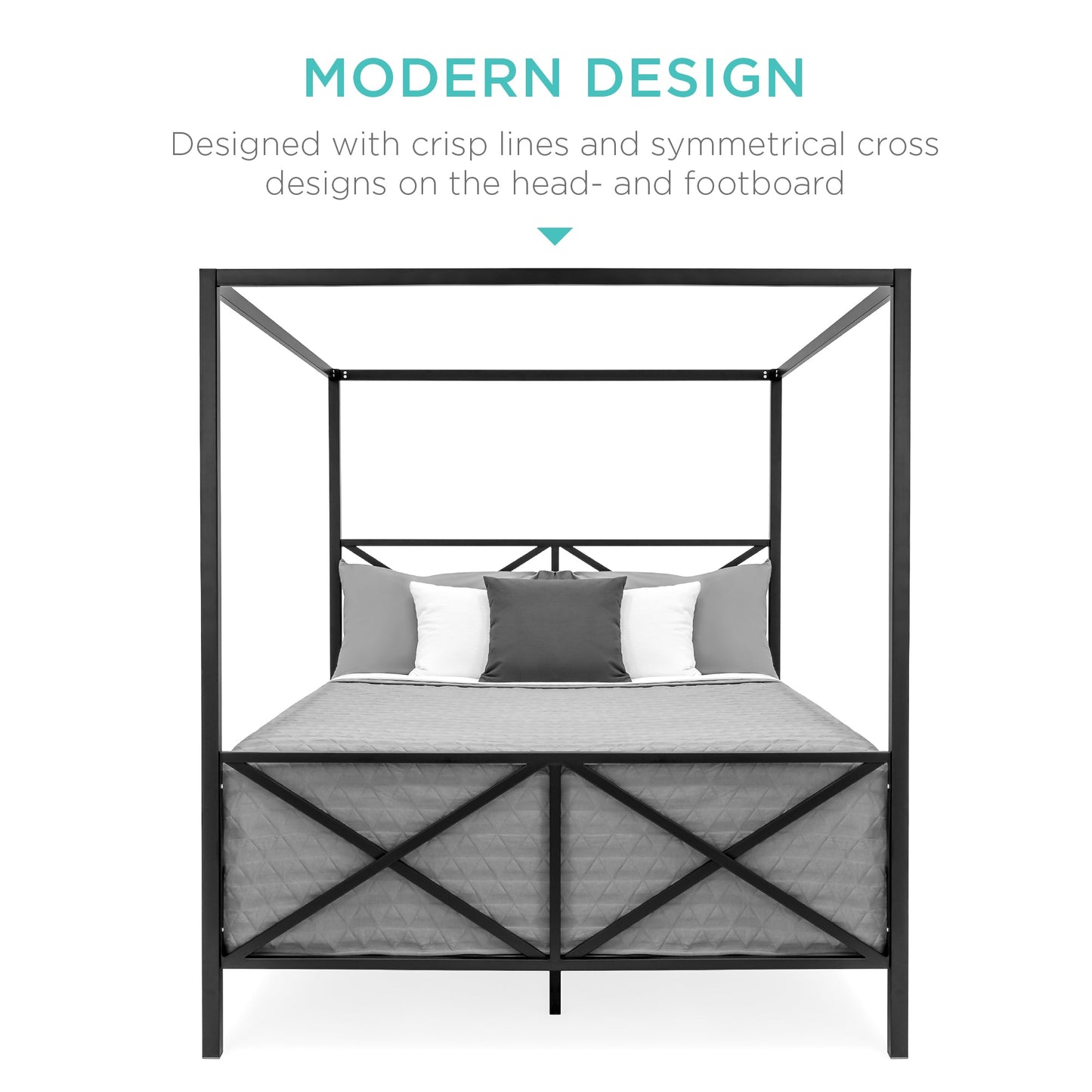 4-Post Queen Size Modern Metal Canopy Bed Frame w/ Headboard, Footboard