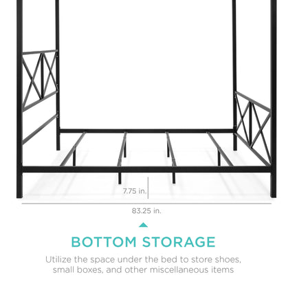 4-Post Queen Size Modern Metal Canopy Bed Frame w/ Headboard, Footboard