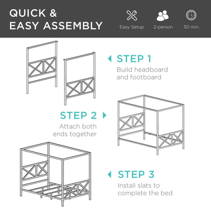 4-Post Queen Size Modern Metal Canopy Bed Frame w/ Headboard, Footboard