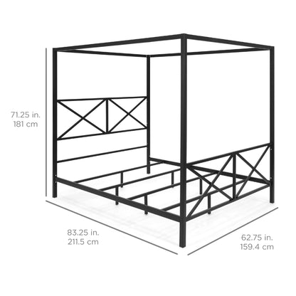 4-Post Queen Size Modern Metal Canopy Bed Frame w/ Headboard, Footboard