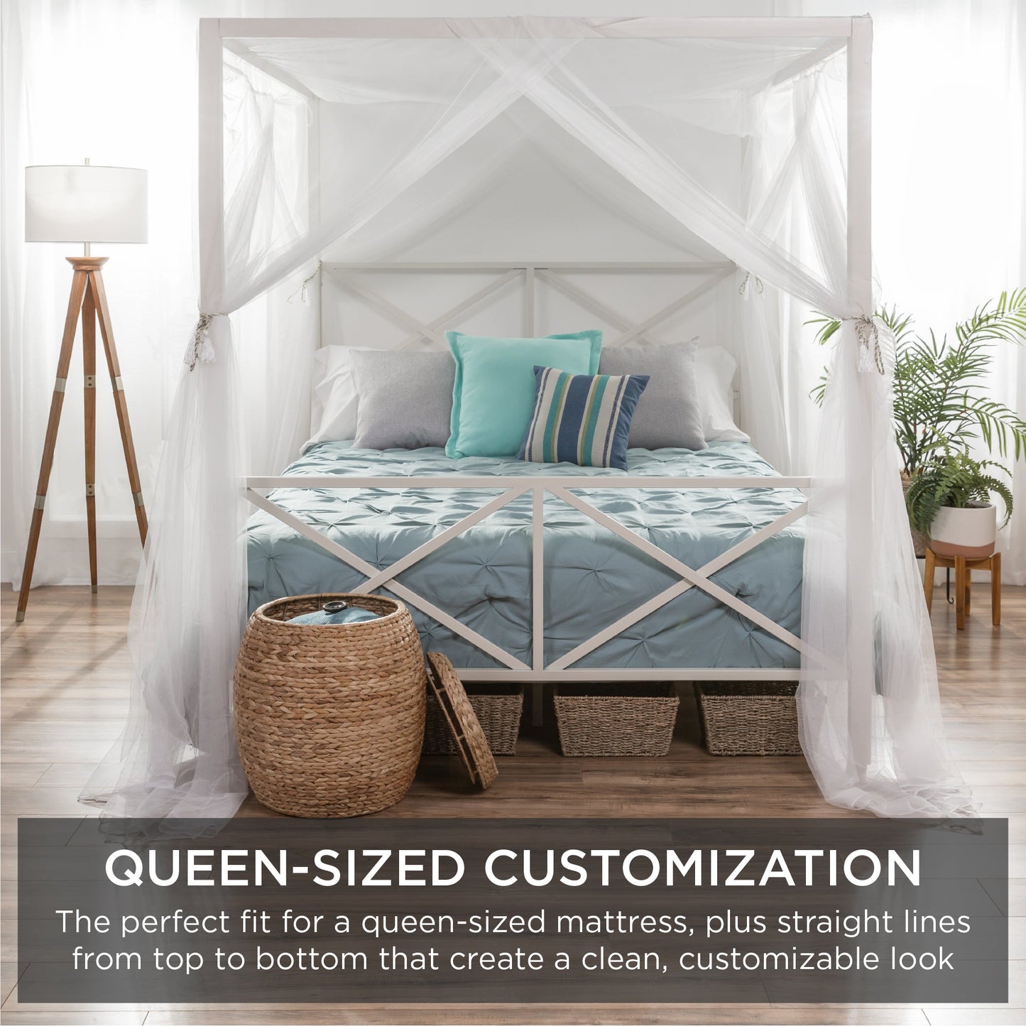 4-Post Queen Size Modern Metal Canopy Bed Frame w/ Headboard, Footboard