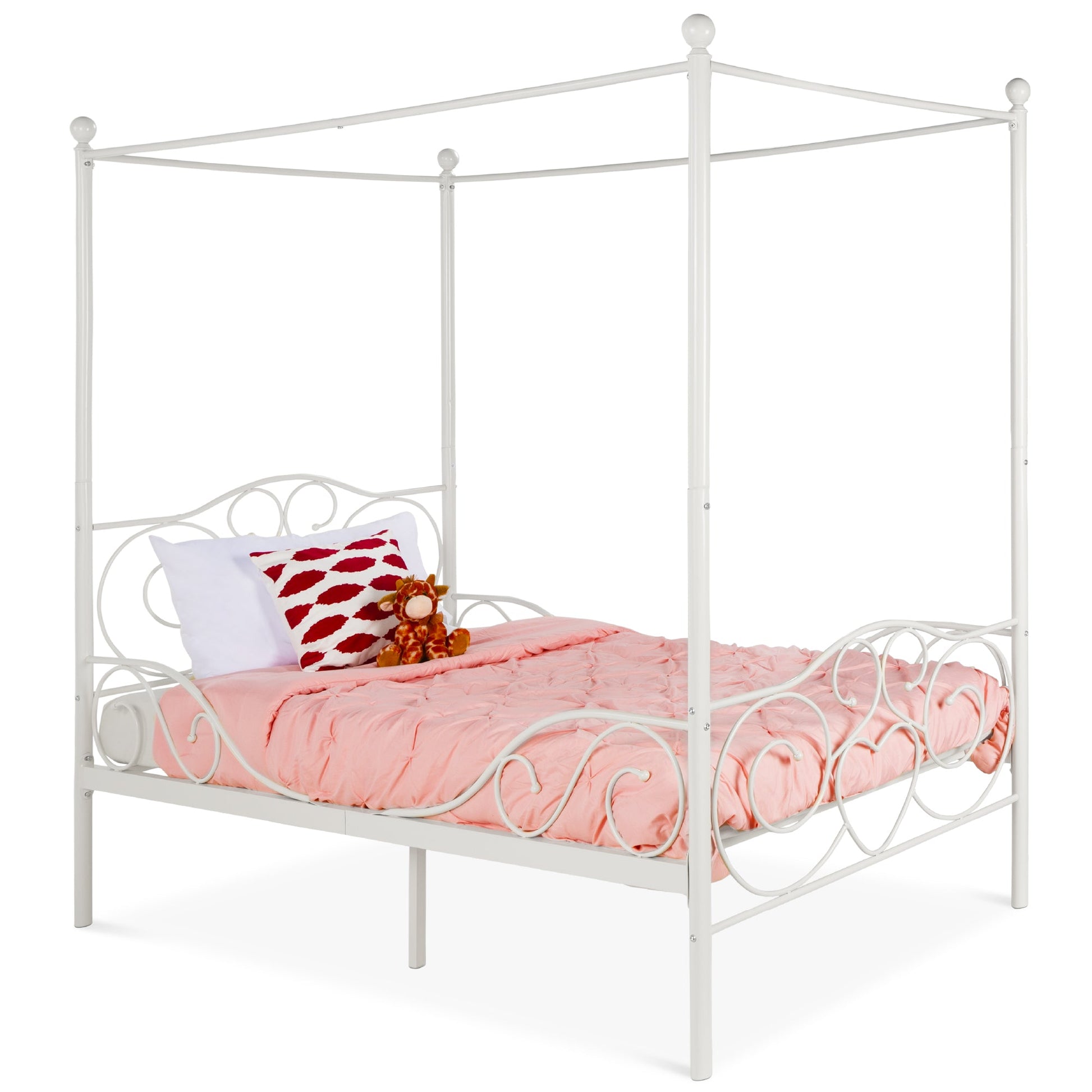 Classic 4-Post Metal Canopy Twin Bed Frame w/ Heart Scroll Design