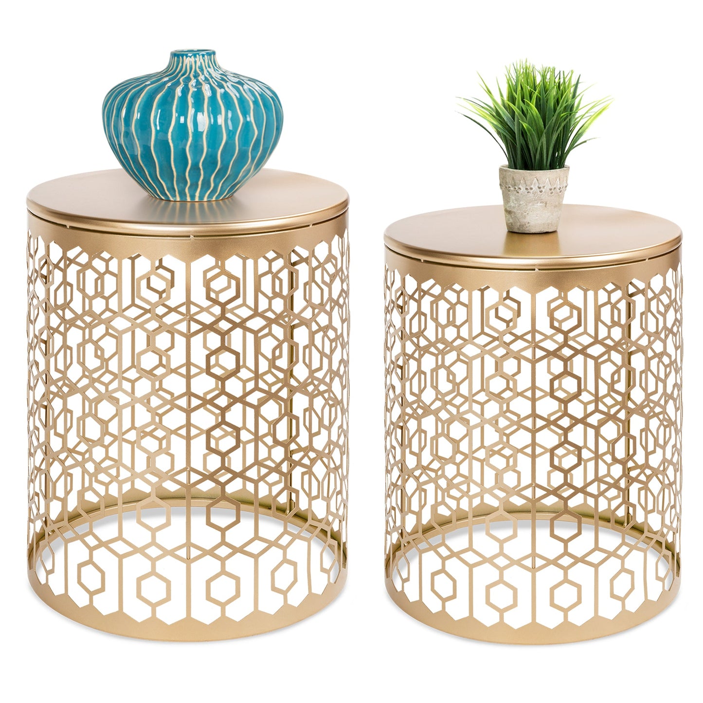 Set of 2 Decorative Round Side Accent Table Nightstands w/ Nesting Design