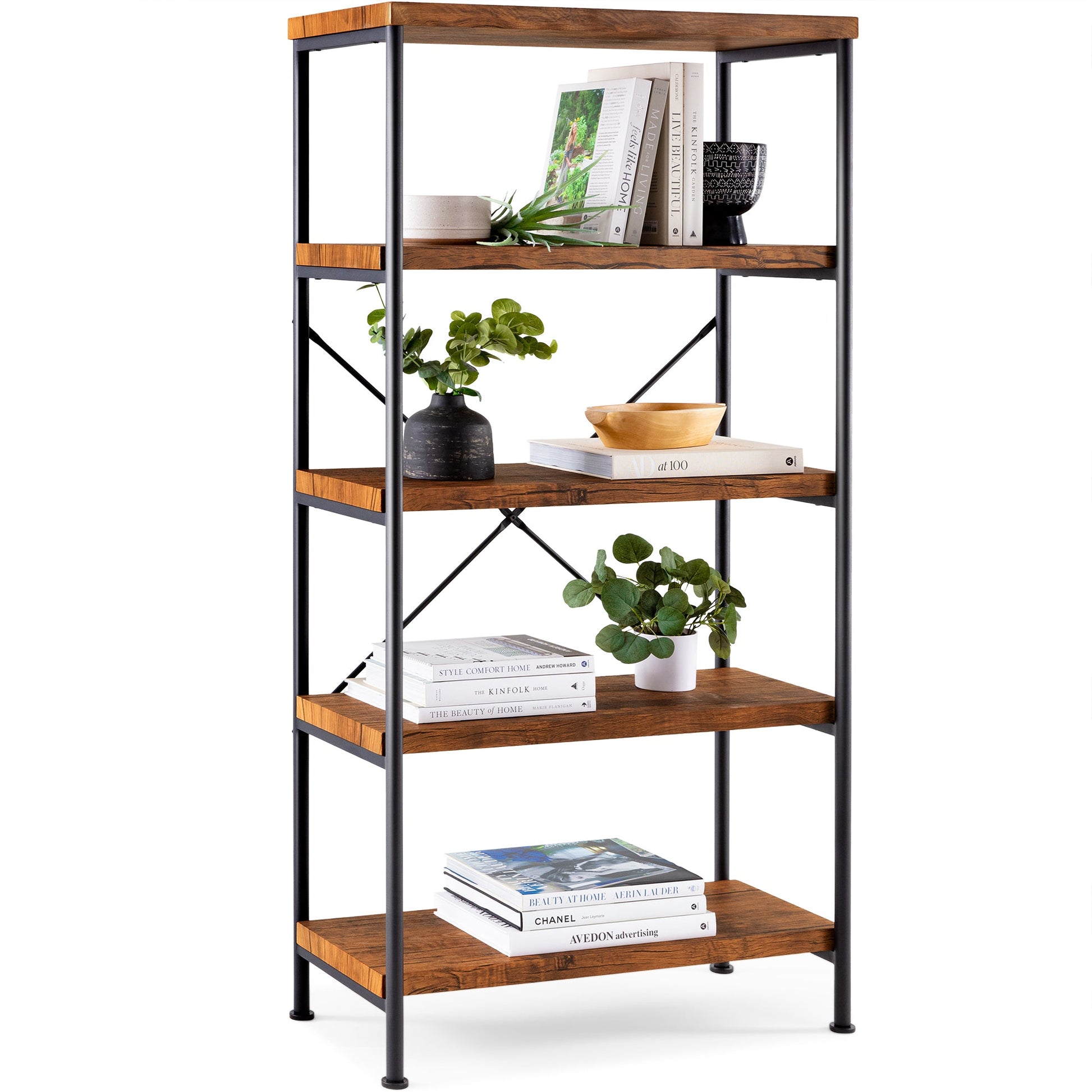 5-Tier Industrial Bookshelf w/ Metal Frame, Wood Shelves