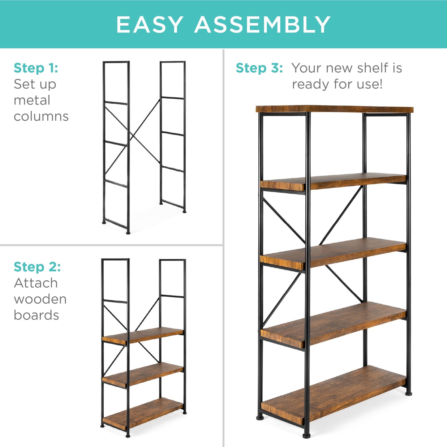 5-Tier Industrial Bookshelf w/ Metal Frame, Wood Shelves