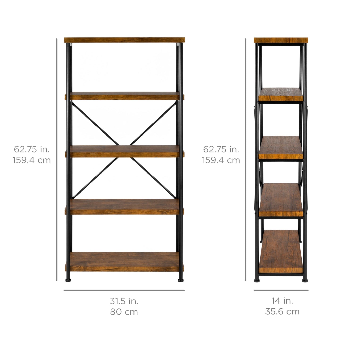 5-Tier Industrial Bookshelf w/ Metal Frame, Wood Shelves