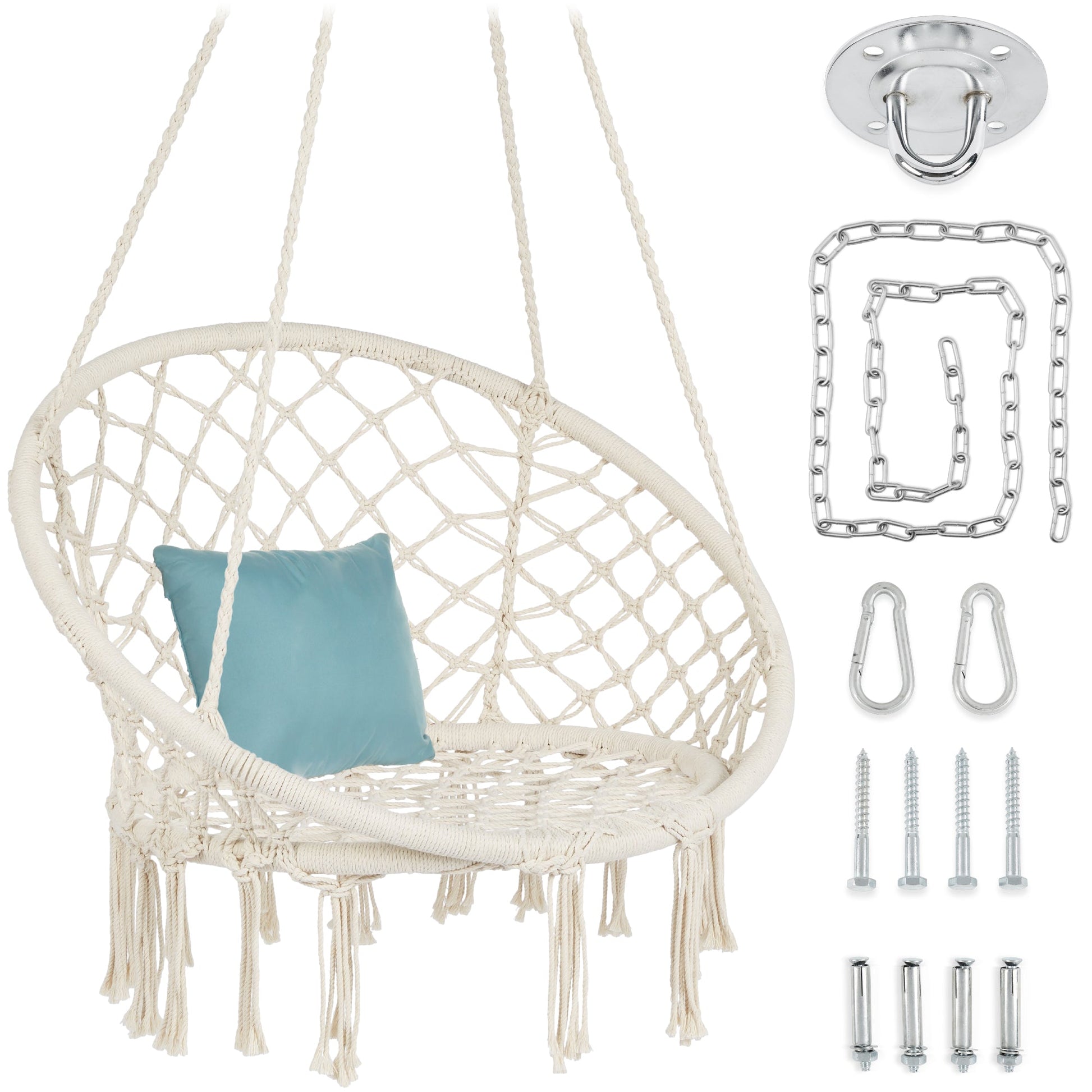 Macrame Hanging Chair Handwoven Cotton Hammock Swing w/ Mounting Hardware
