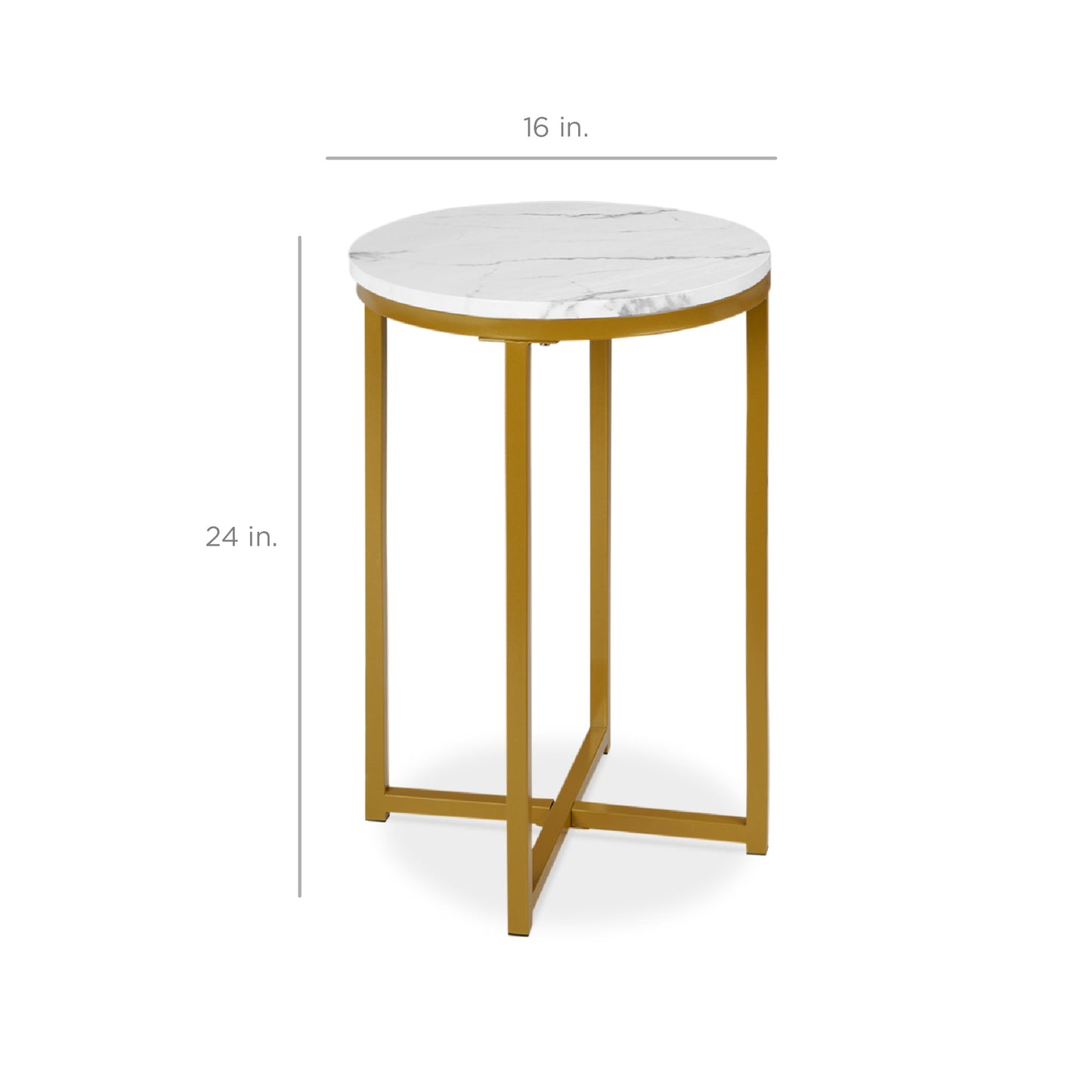 Round Coffee Side Table w/ Faux Marble Top, Metal Frame - 16in