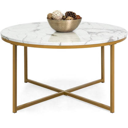 Round Coffee Table w/ Faux Marble Top, Metal Frame - 36in