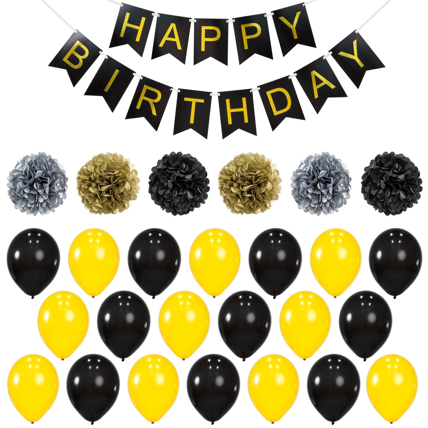 Birthday Party Decor Set w/ Banner, 6 Pom-Poms, 20 Balloons - Gold/Black