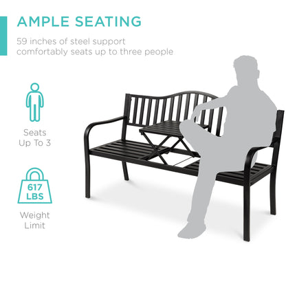 Steel Bench for Outdoor Patio and Garden w/ Pullout Middle Table