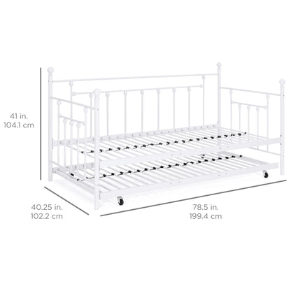 Twin Sized Metal Lounge Daybed Frame w/ Trundle, Finials