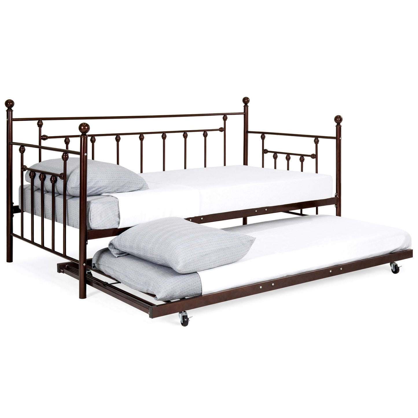 Twin Sized Metal Lounge Daybed Frame w/ Trundle, Finials