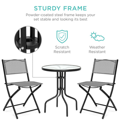 3-Piece Bistro Set w/ Glass Table, 2 Foldable Chairs