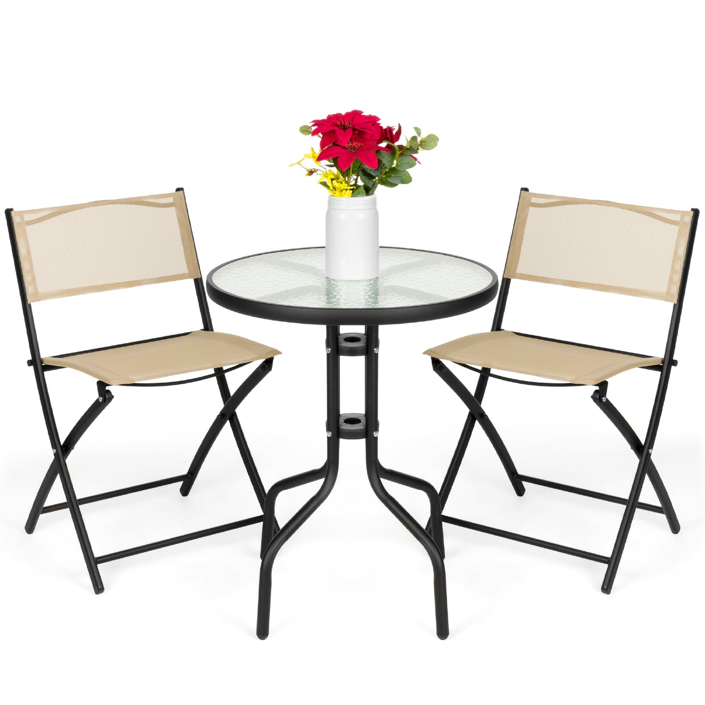 3-Piece Bistro Set w/ Glass Table, 2 Foldable Chairs