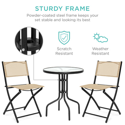 3-Piece Bistro Set w/ Glass Table, 2 Foldable Chairs