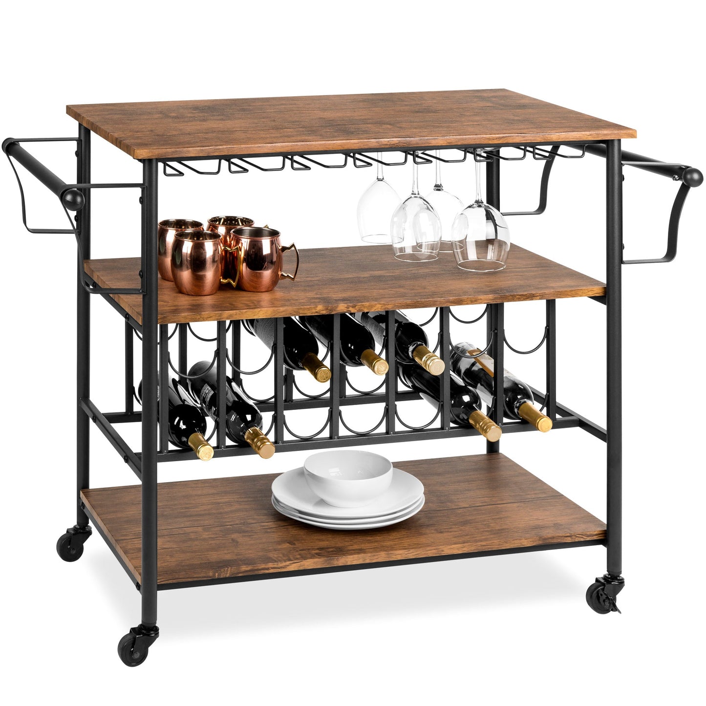 45in Industrial Wood Shelf Bar & Wine Cart w/ Bottle & Glass Racks