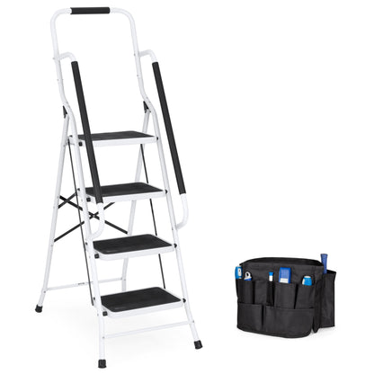 4-Step Portable Folding Ladder w/ Handrails, Attachable Tool Bag