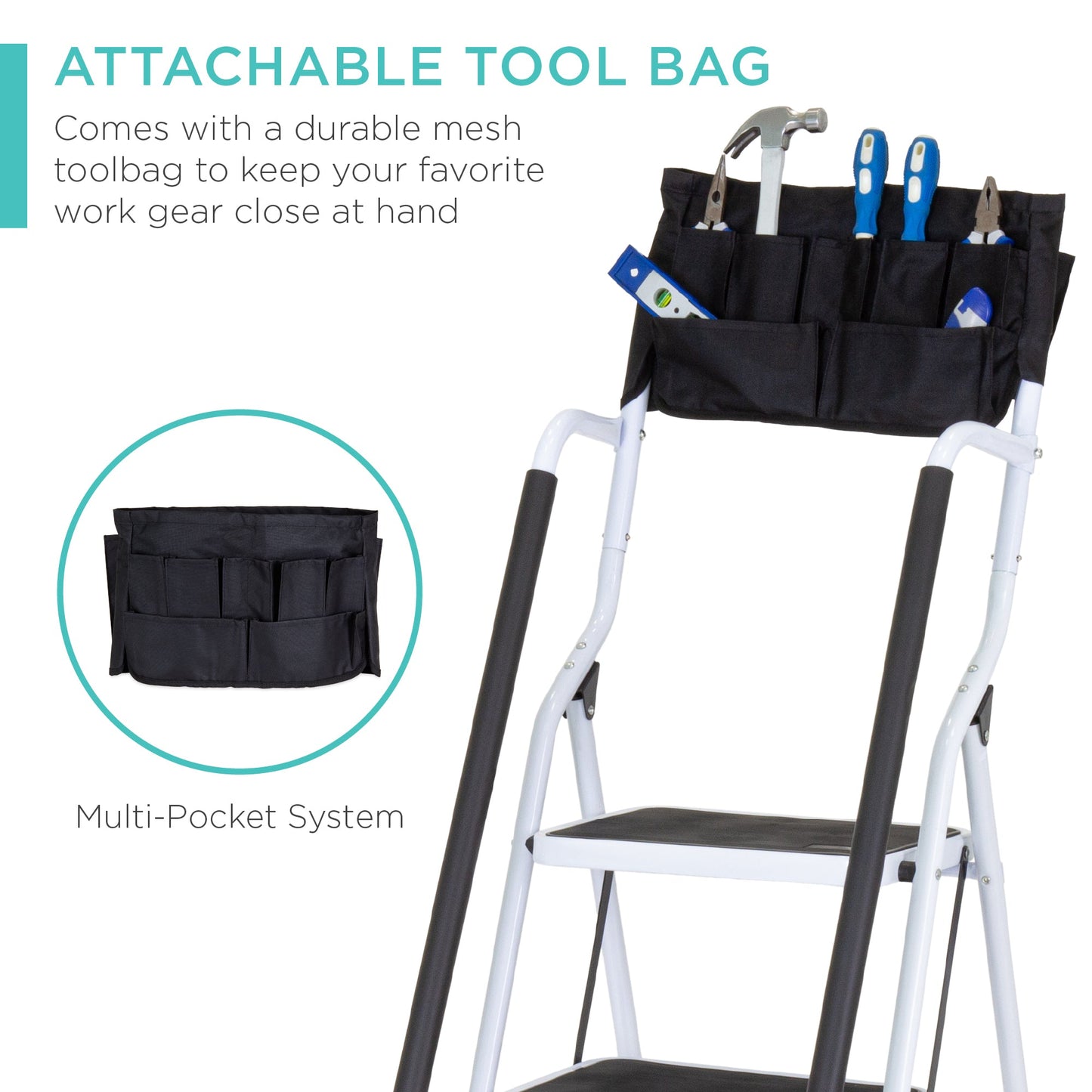 4-Step Portable Folding Ladder w/ Handrails, Attachable Tool Bag