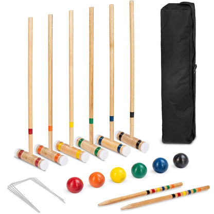 6-Player Wood Croquet Set w/ 6 Mallets, 6 Balls, Wickets, Stakes, Bag - 32in