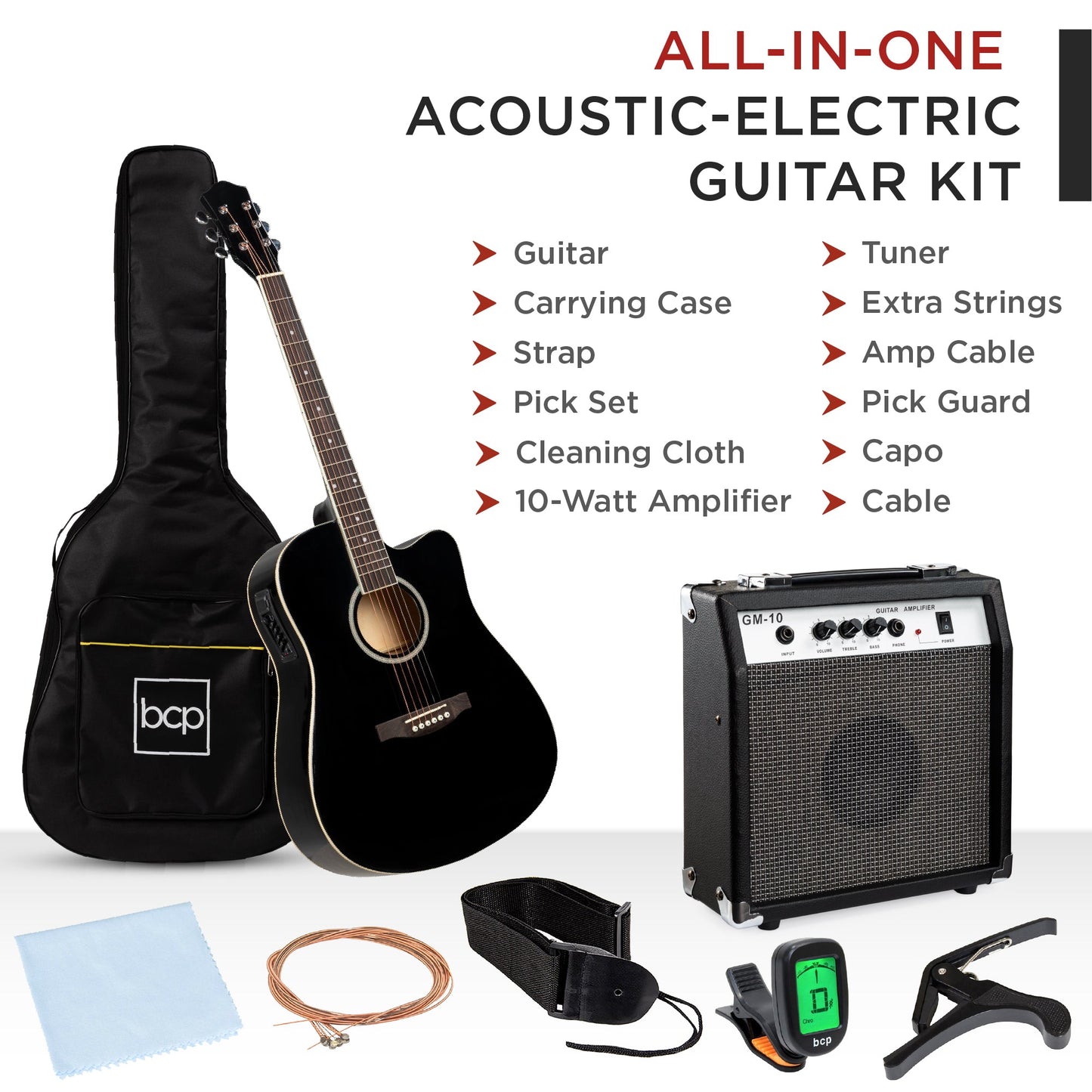 Beginner Acoustic Electric Cutaway Guitar Set w/ Case, Strap - 41in