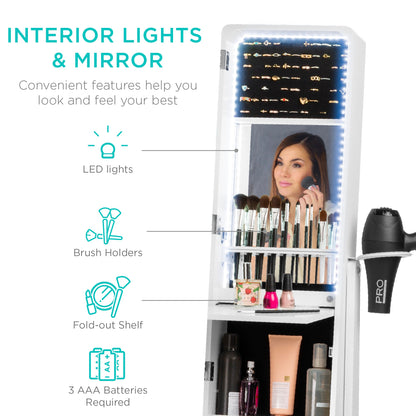 Standing Full Length LED Mirror Jewelry Armoire w/Interior & Exterior Lights