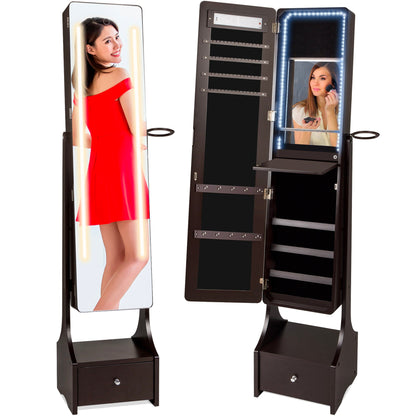 Standing Full Length LED Mirror Jewelry Armoire w/Interior & Exterior Lights