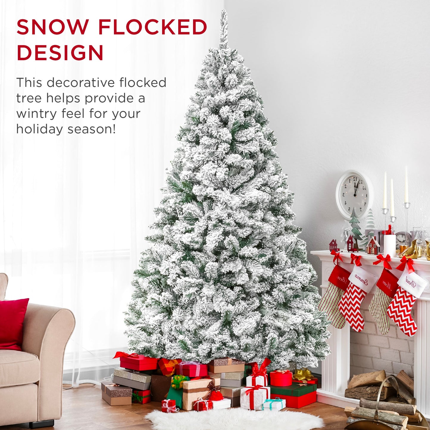 Premium Snow Flocked Artificial Pine Christmas Tree w/ Foldable Metal Base