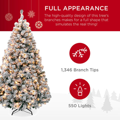 Pre-Lit Snow Flocked Artificial Pine Christmas Tree w/ Warm White Lights