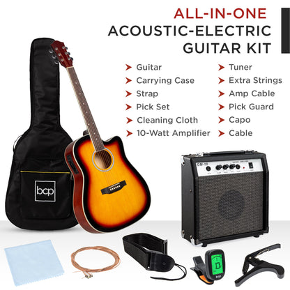 Beginner Acoustic Electric Cutaway Guitar Set w/ Case, Strap - 41in