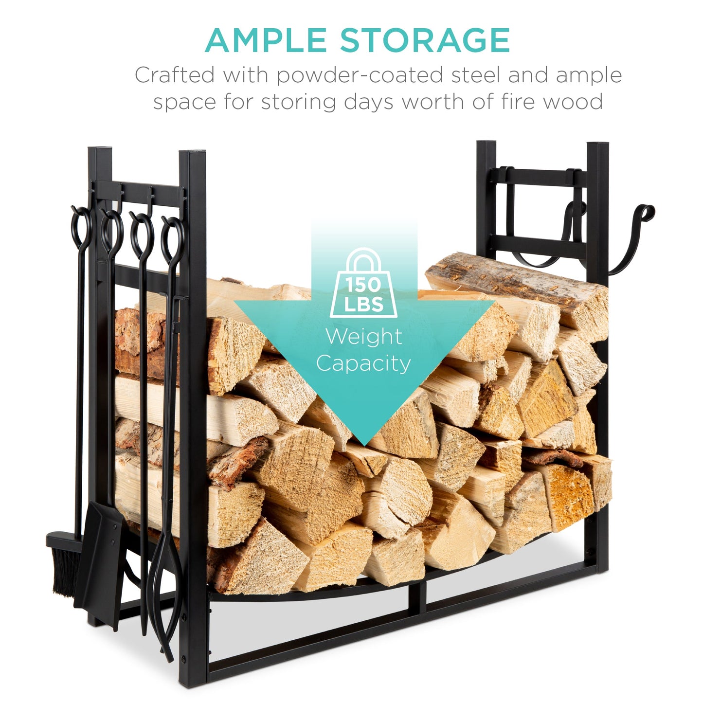 Steel Firewood Log Storage Rack & Tool Set w/ Kindling Holder - 34.25in